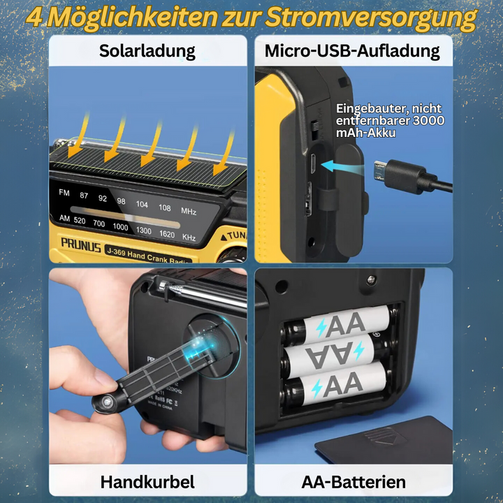 "Multifunktionales Notfallradio mit Taschenlampe, Powerbank und SOS-Alarm in kompaktem Design für Outdoor-Abenteuer."