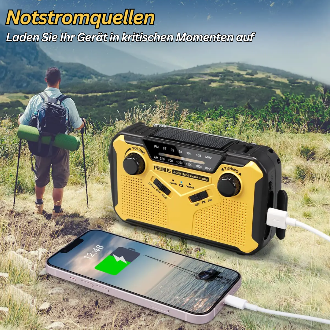 "Multifunktionales Notfallradio mit Taschenlampe, Powerbank und SOS-Alarm in kompaktem Design für Outdoor-Abenteuer."