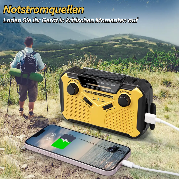 "Multifunktionales Notfallradio mit Taschenlampe, Powerbank und SOS-Alarm in kompaktem Design für Outdoor-Abenteuer."