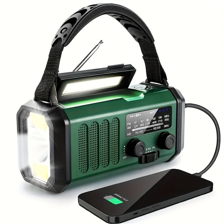 "Multifunktionales Solar-Notfallradio mit Kurbel, Powerbank und LED-Lampe, ideal für Camping und Outdoor-Abenteuer."