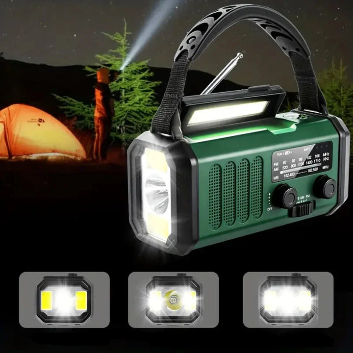 "Multifunktionales Solar-Notfallradio mit Kurbel, Powerbank und LED-Lampe, ideal für Camping und Outdoor-Abenteuer."