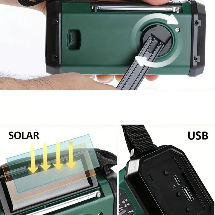 "Multifunktionales Solar-Notfallradio mit Kurbel, Powerbank und LED-Lampe, ideal für Camping und Outdoor-Abenteuer."