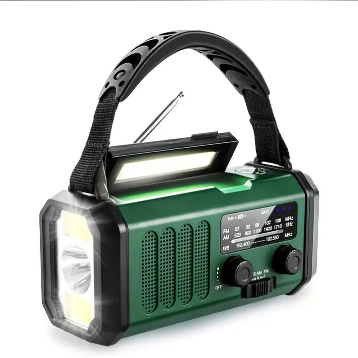 "Multifunktionales Solar-Notfallradio mit Kurbel, Powerbank und LED-Lampe, ideal für Camping und Outdoor-Abenteuer."