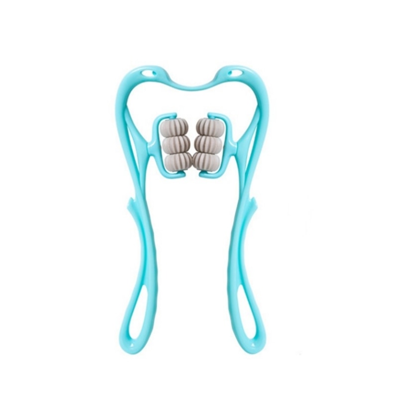 "Nacken- und Schulter-Massageroller mit sechs blauen Massagekugeln, ergonomischem Design, ideal für Entspannung."