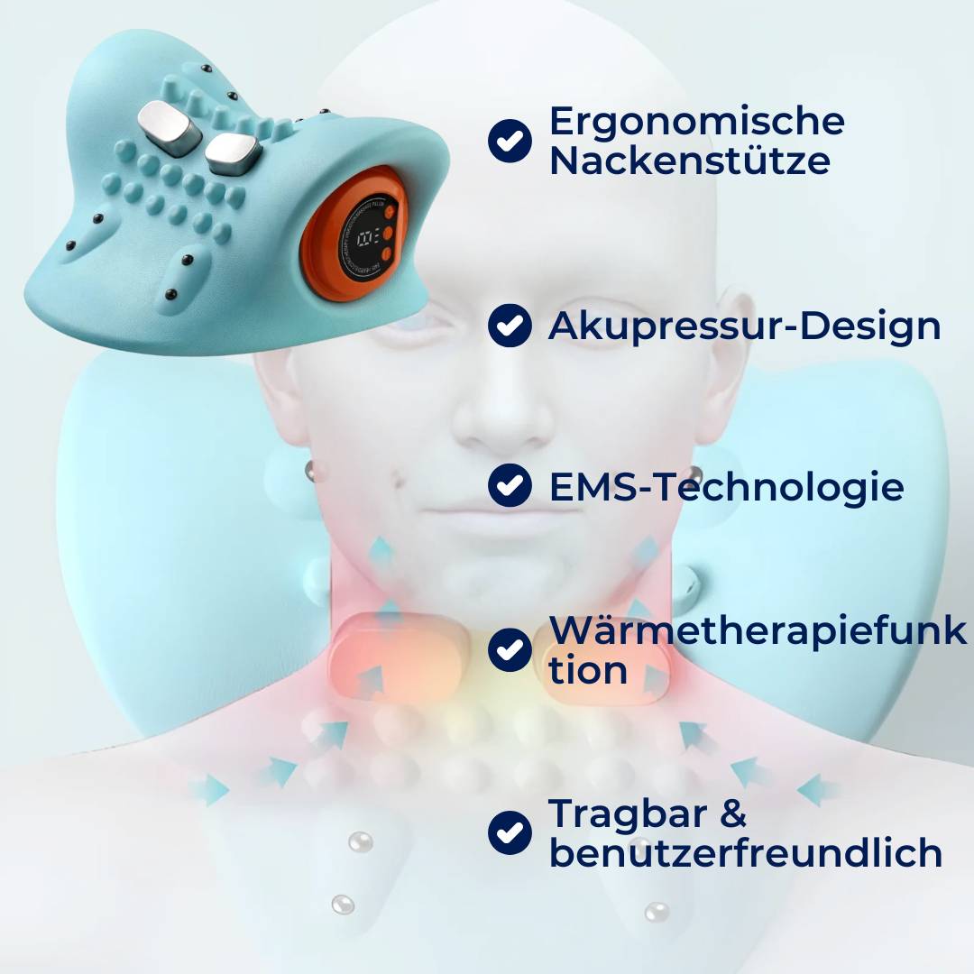 "NackenEase EMS Nackenmassagegerät: tragbares Gerät mit EMS und Wärmetherapie zur Schmerzlinderung und Muskelentspannung"