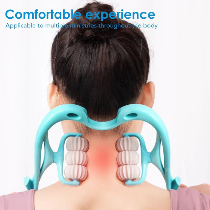 "Nackenmassagegerät mit 6 Rollen, ergonomisches Design, hellblau, für effektive Druckpunktmassage gegen Verspannungen."