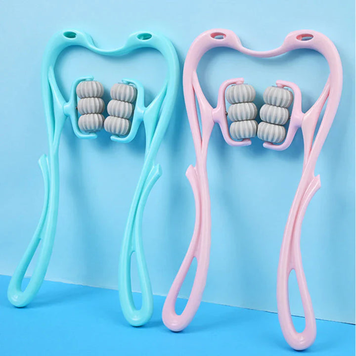 "Nackenmassagegerät mit 6 Rollen, ergonomisches Design, hellblau, für effektive Druckpunktmassage gegen Verspannungen."