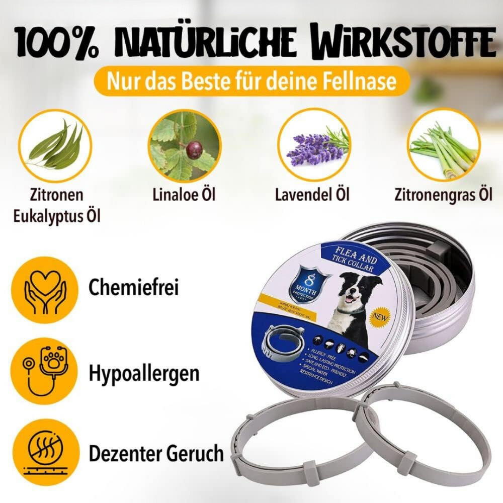 "Natürlicher Zecken- und Flohschutz Halsband für Hunde, stilvoll und in verschiedenen Farben mit 100% natürlichen Inhaltsstof