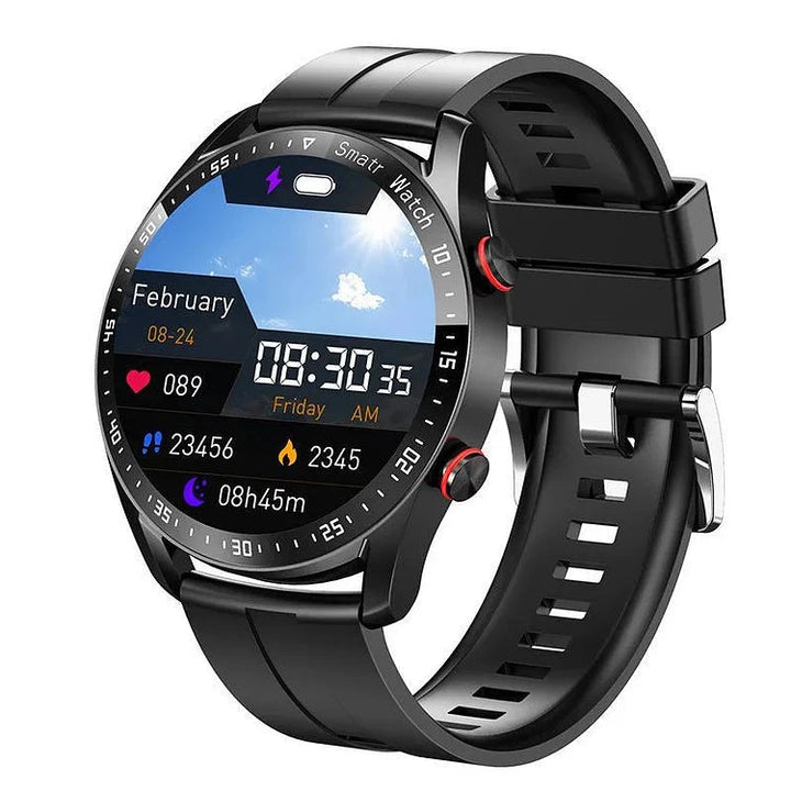 Nicht-invasive Smartwatch mit BZ-Messung, Lederarmband, 1,28-Zoll-Bildschirm, ideal für Gesundheits- und Fitnessüberwachung.