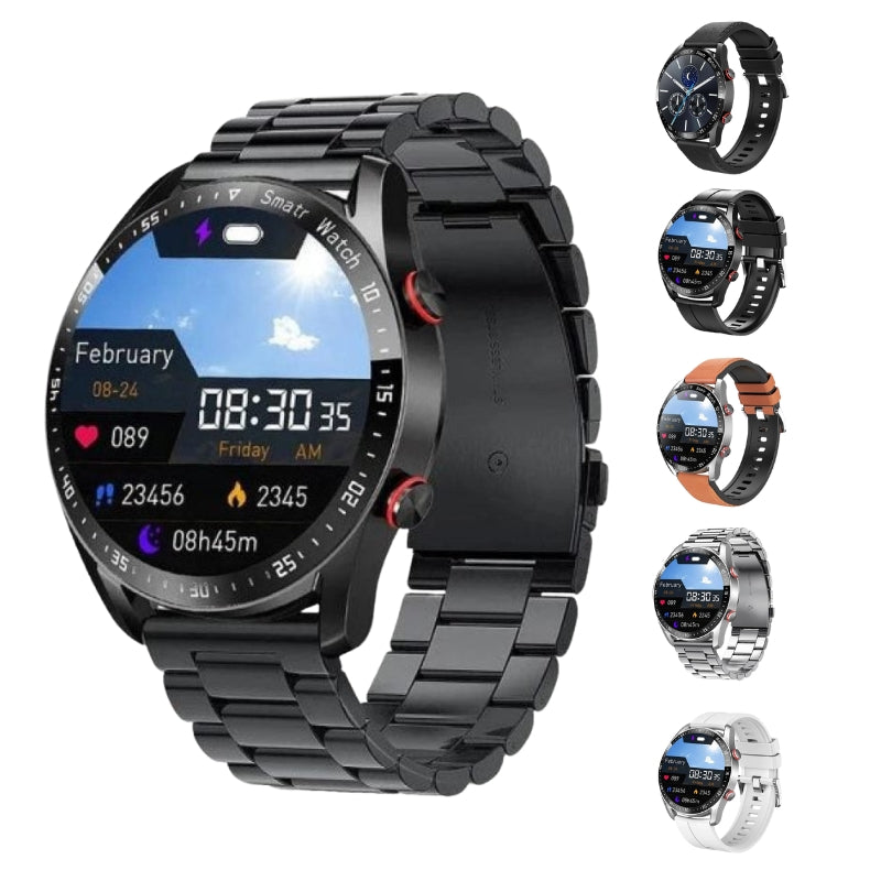 Nicht-invasive Smartwatch mit BZ-Messung, Lederarmband, 1,28-Zoll-Bildschirm, ideal für Gesundheits- und Fitnessüberwachung.