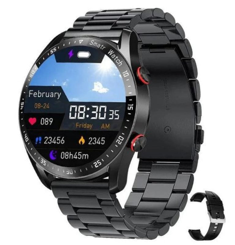 Nicht-invasive Smartwatch mit BZ-Messung, Lederarmband, 1,28-Zoll-Bildschirm, ideal für Gesundheits- und Fitnessüberwachung.