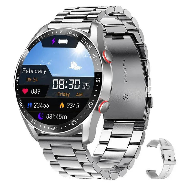 Nicht-invasive Smartwatch mit BZ-Messung, Lederarmband, 1,28-Zoll-Bildschirm, ideal für Gesundheits- und Fitnessüberwachung.