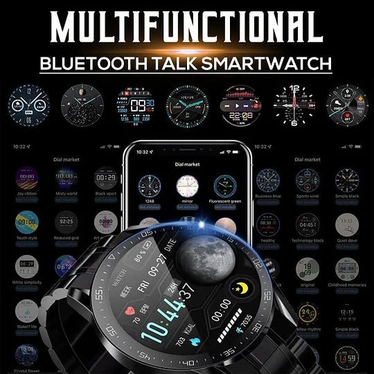 Nicht-invasive Smartwatch mit BZ-Messung, Lederarmband, 1,28-Zoll-Bildschirm, ideal für Gesundheits- und Fitnessüberwachung.