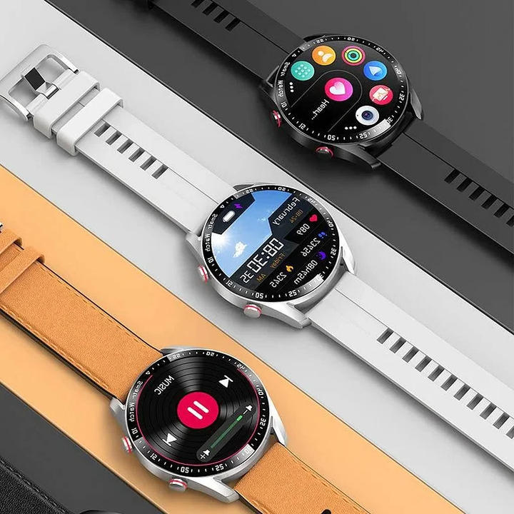 Nicht-invasive Smartwatch mit BZ-Messung, Lederarmband, 1,28-Zoll-Bildschirm, ideal für Gesundheits- und Fitnessüberwachung.