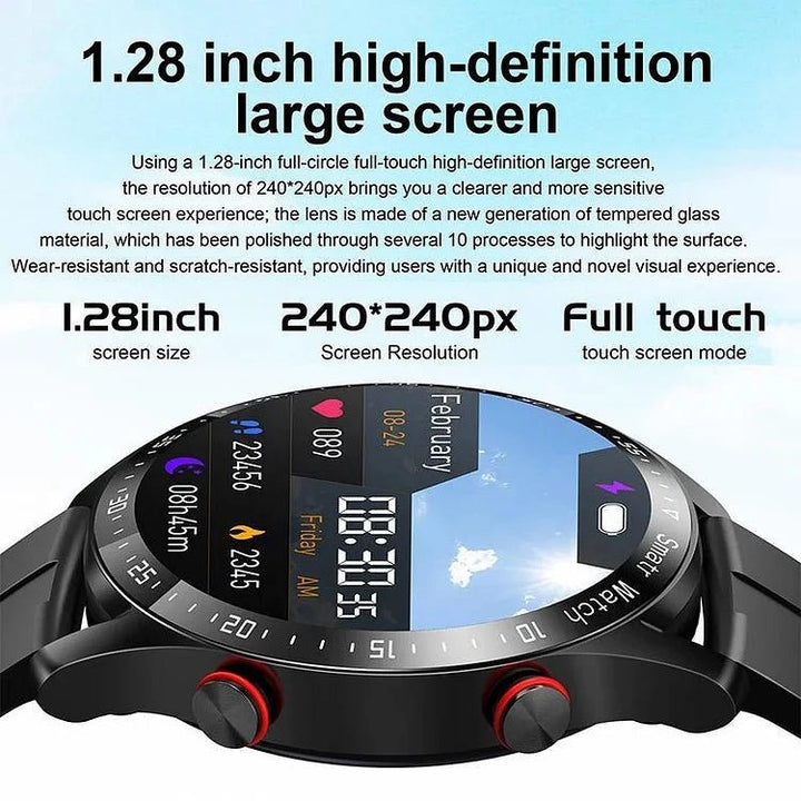 Nicht-invasive Smartwatch mit BZ-Messung, Lederarmband, 1,28-Zoll-Bildschirm, ideal für Gesundheits- und Fitnessüberwachung.