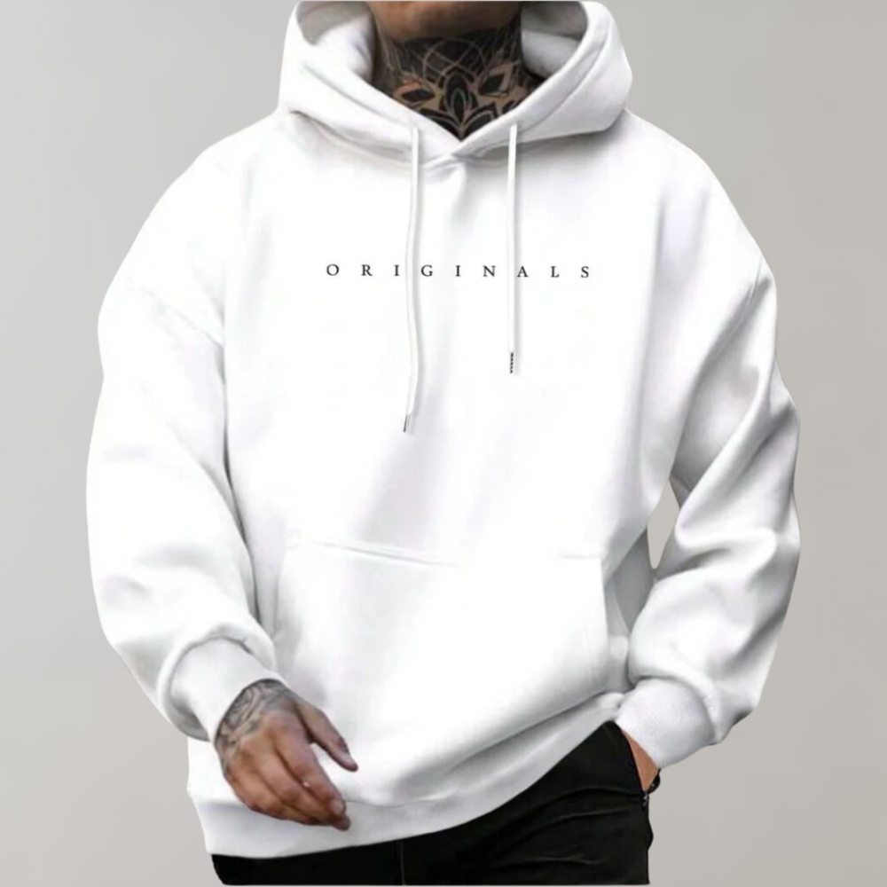 "Noah Herren-Hoodie, weich, atmungsaktiv, in Weiß. Modernes Design mit Kängurutasche, perfekt für gemütliches Outfit."
