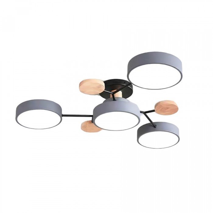 Moderne LED-Deckenleuchte, nordisches Design, graue und holzfarbene Elemente, energieeffizient.