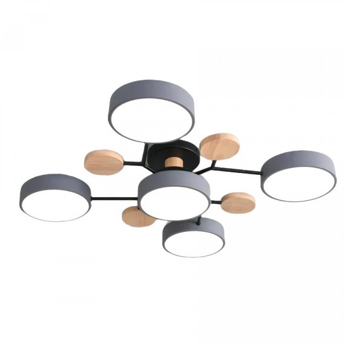 Moderne LED-Deckenleuchte, schwarz, Holzdetails, skandinavisches Design, Wohnzimmerbeleuchtung.