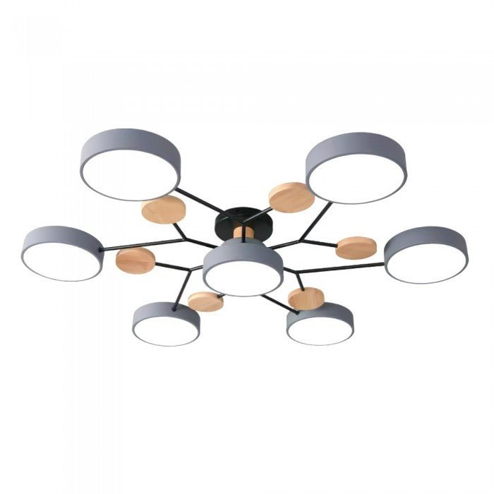 Moderne nordische LED-Deckenleuchte, schwarz, Holzdetails, runde Scheiben, Wohnzimmerbeleuchtung.