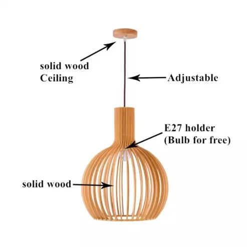 "Nordische Holz-Pendelleuchte in Vogelkäfigform, handgefertigt, stilvolles Design, warmes Licht für moderne Räume."