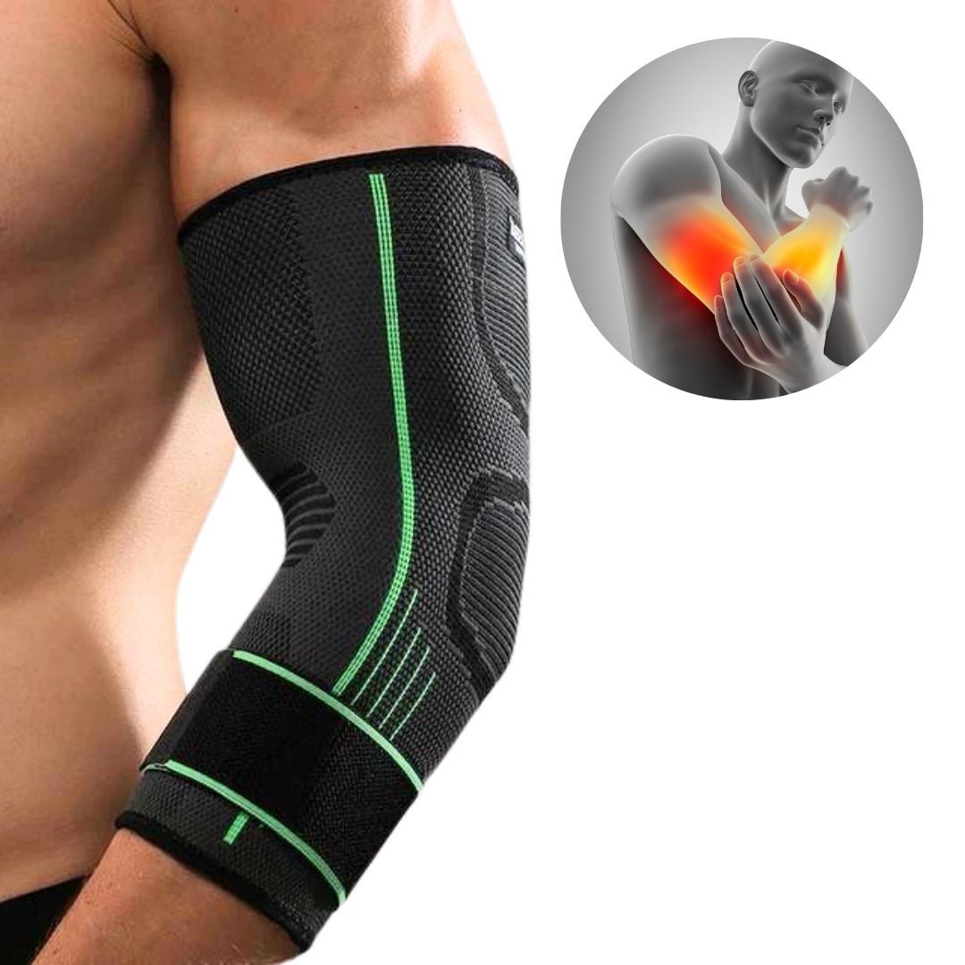 "Orthopädische Ellenbogenstütze in Grün, atmungsaktiv, anatomisch geformt für Schmerzlinderung und Unterstützung"