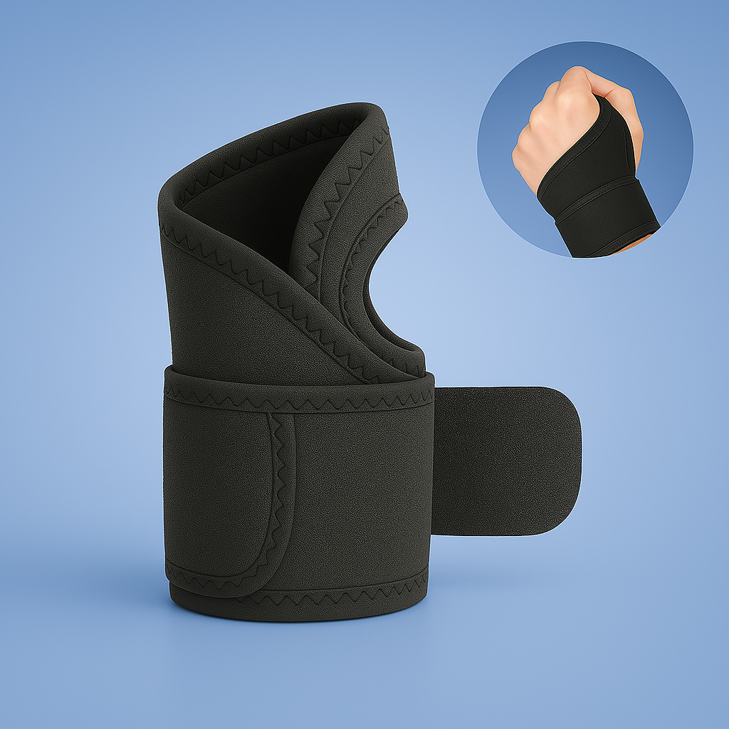 Orthopädische Handgelenkstütze verstellbar, beige, mit Stahlschiene und Daumenschlaufe für Stabilität und Schmerzlinderung.