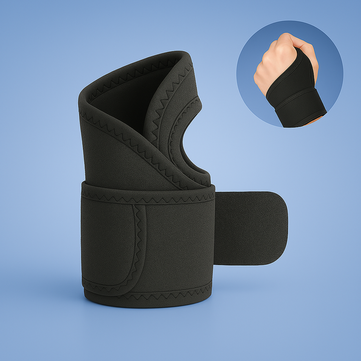 Orthopädische Handgelenkstütze verstellbar, beige, mit Stahlschiene und Daumenschlaufe für Stabilität und Schmerzlinderung.