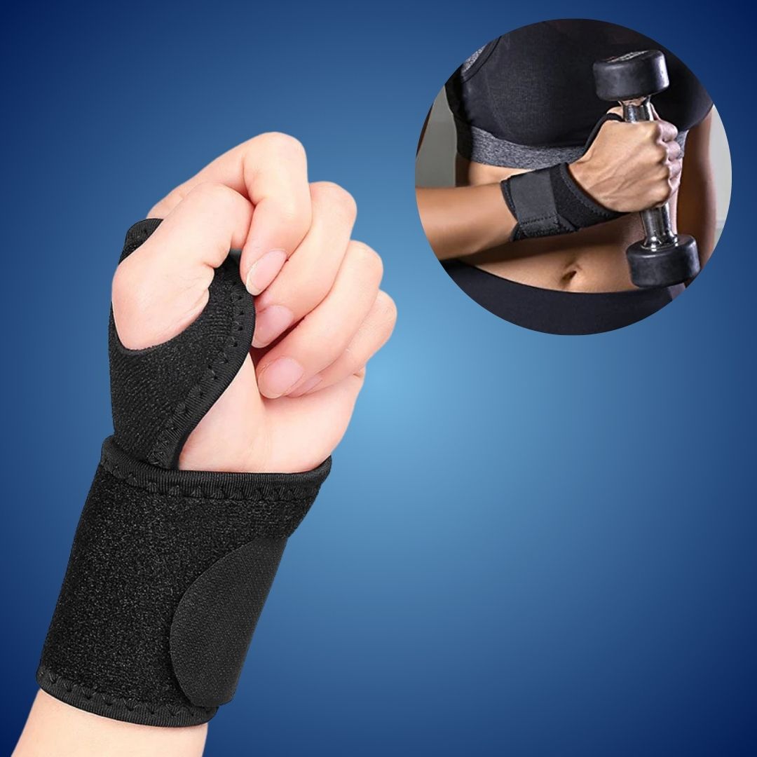 Orthopädische Handgelenkstütze verstellbar, beige, mit Stahlschiene und Daumenschlaufe für Stabilität und Schmerzlinderung.