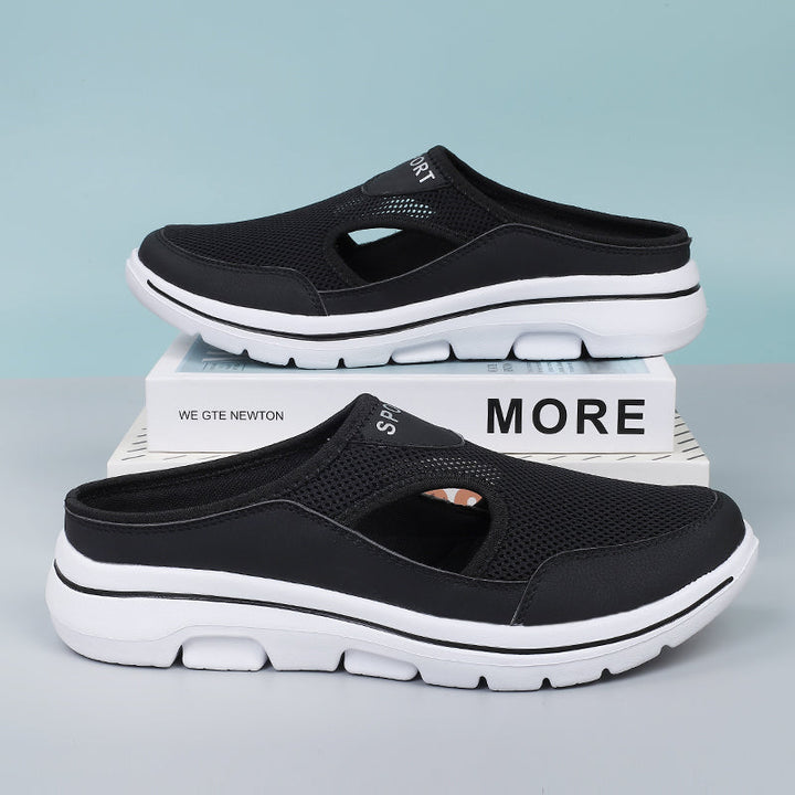 "Orthopädische Herren Slipper aus atmungsaktivem Mesh mit verstellbarem Arch Booster und gepolstertem Kragen, schwarz."