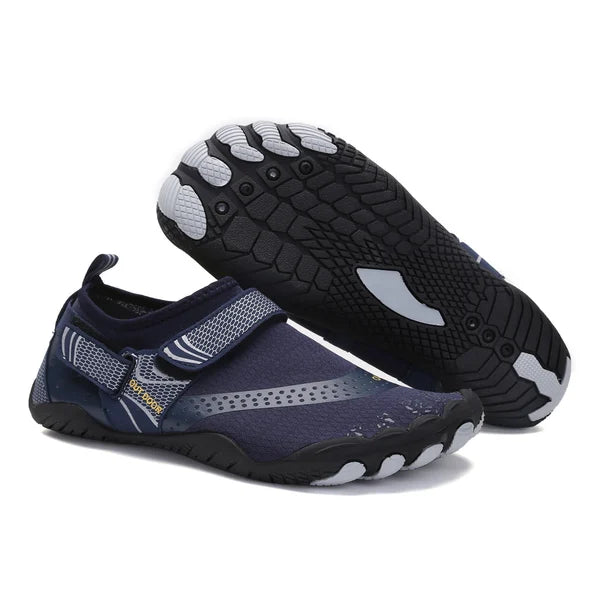 "Orthopädische Wasserschuhe, weiß-blau, mit rutschfester Sohle und verstellbarem Riemen, ergonomisches Design"