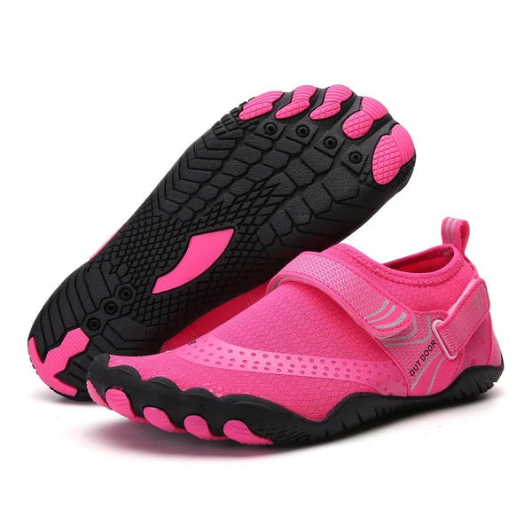 "Orthopädische Wasserschuhe, weiß-blau, mit rutschfester Sohle und verstellbarem Riemen, ergonomisches Design"