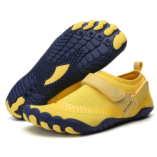 "Orthopädische Wasserschuhe, weiß-blau, mit rutschfester Sohle und verstellbarem Riemen, ergonomisches Design"