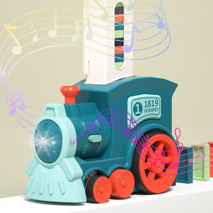 Blauer Spielzeugzug mit Musiknoten, Domino-Funktion, Kunststoff, Kinder, Lernspielzeug.