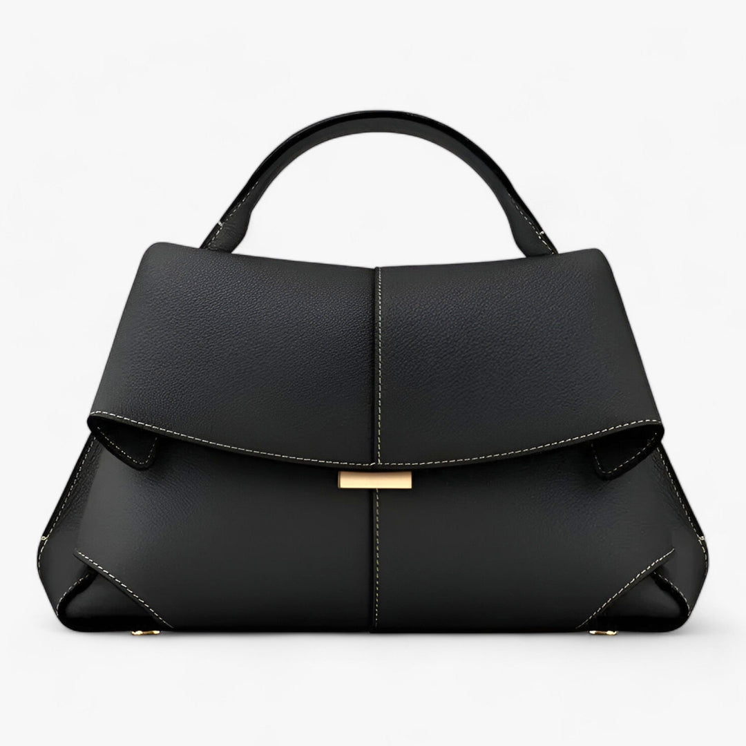 Schwarze Lederhandtasche mit goldenen Details, elegantes Design, Damenmode Accessoire.