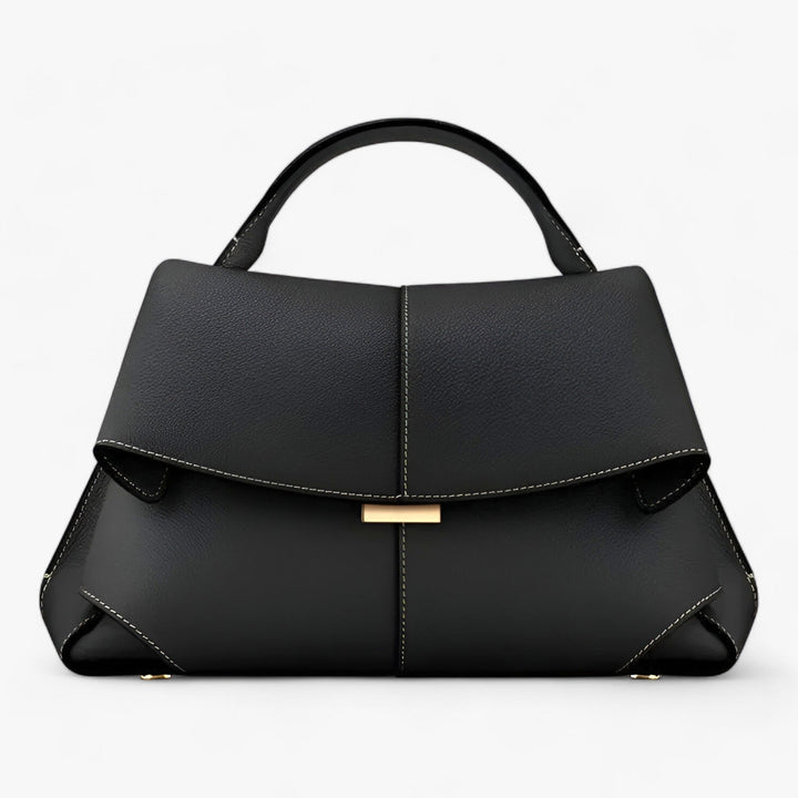 Schwarze Lederhandtasche mit goldenen Details, elegantes Design, Damenmode Accessoire.