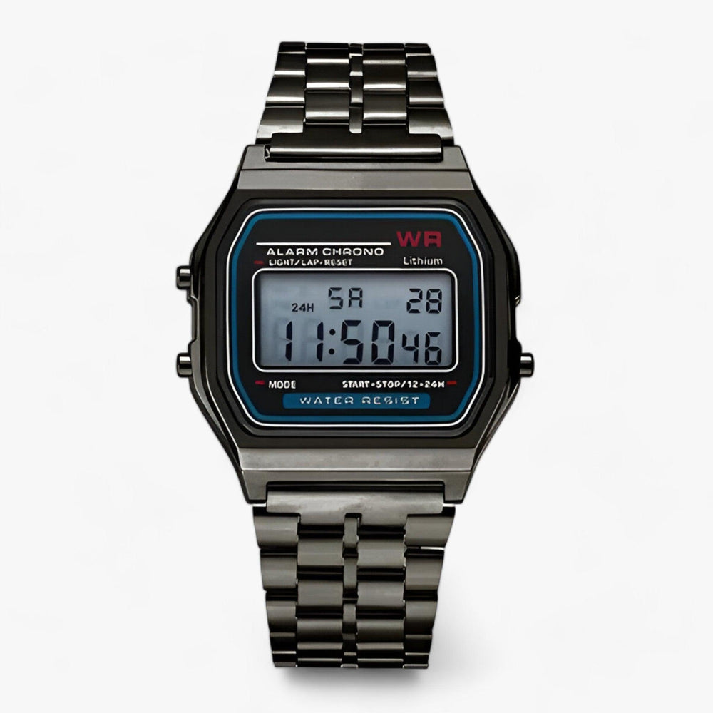 Retro digitale Armbanduhr, Edelstahl, schwarz, wasserdicht, mit Alarm und Chronograph.