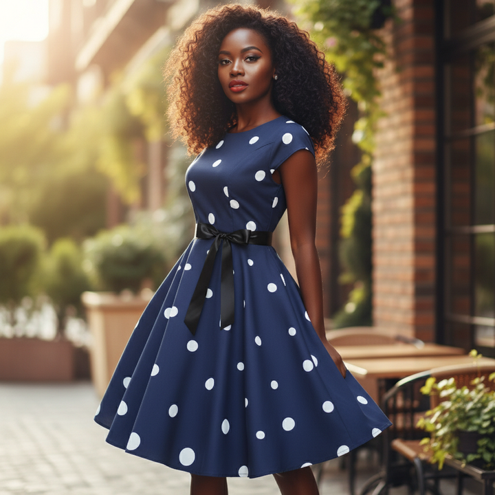 Damen Rockabilly Punktekleid in Retro-Stil, Baumwolle, kurzarm