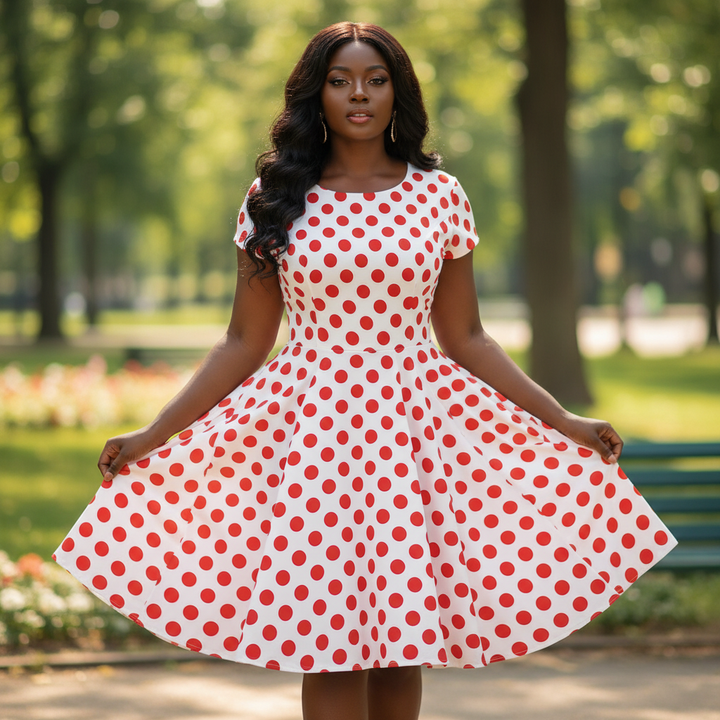 Damen Rockabilly Punktekleid in Retro-Stil, Baumwolle, kurzarm