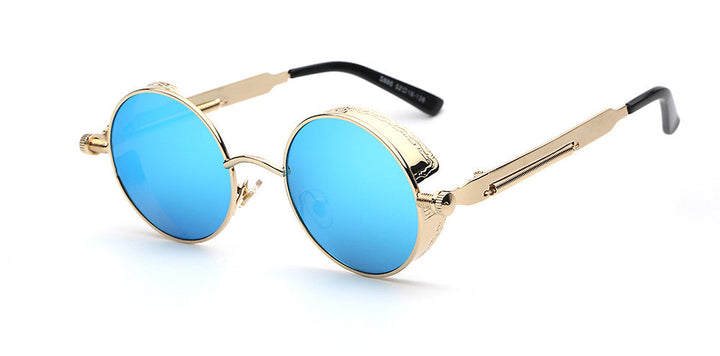 "Retro Herren Sonnenbrille aus Acetat mit UV-Schutz, goldener Rahmen, blaue Gläser, stilvolles und langlebiges Design."