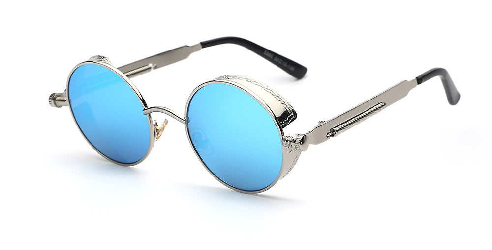 "Retro Herren Sonnenbrille aus Acetat mit UV-Schutz, goldener Rahmen, blaue Gläser, stilvolles und langlebiges Design."