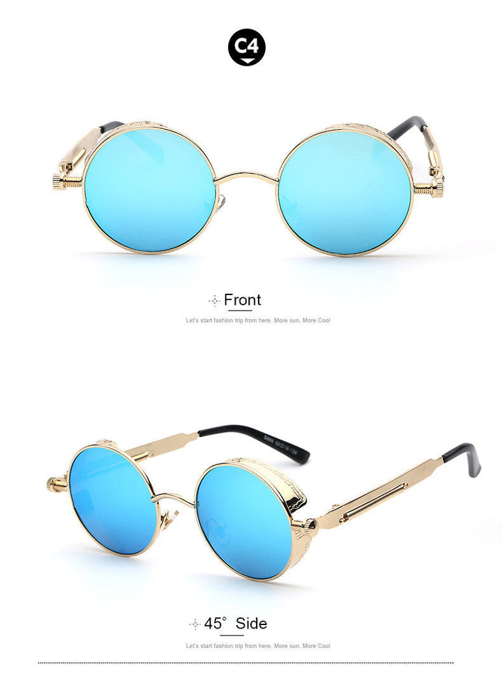 "Retro Herren Sonnenbrille aus Acetat mit UV-Schutz, goldener Rahmen, blaue Gläser, stilvolles und langlebiges Design."