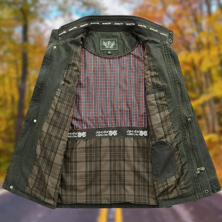 "Robuste Herrenjacke für Alltag, Abenteuer, robustes Material, eleganter Look, praktische Taschen, wetterbeständig"