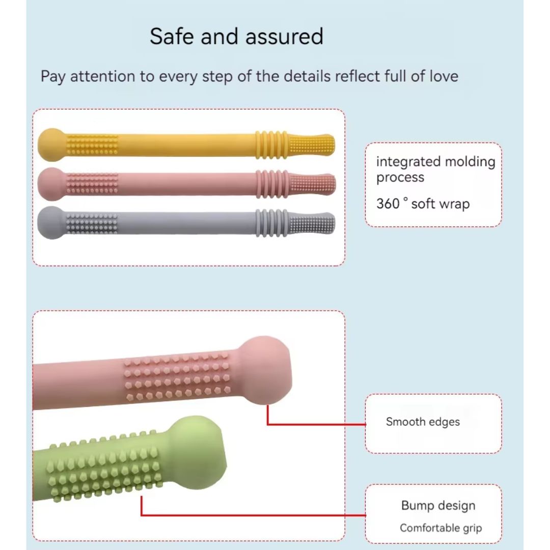 "Sanftes, BPA-freies Silikon Beißröhrchen für Babys, ergonomisch gestaltet für Beruhigung und Zahnungshilfe."