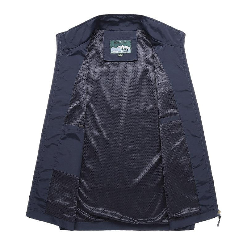 "Schnelltrocknende Herrenweste Outdoor atmungsaktiv, marineblau, ärmellos, mit Taschen, ideal für vielseitige Abenteuer."