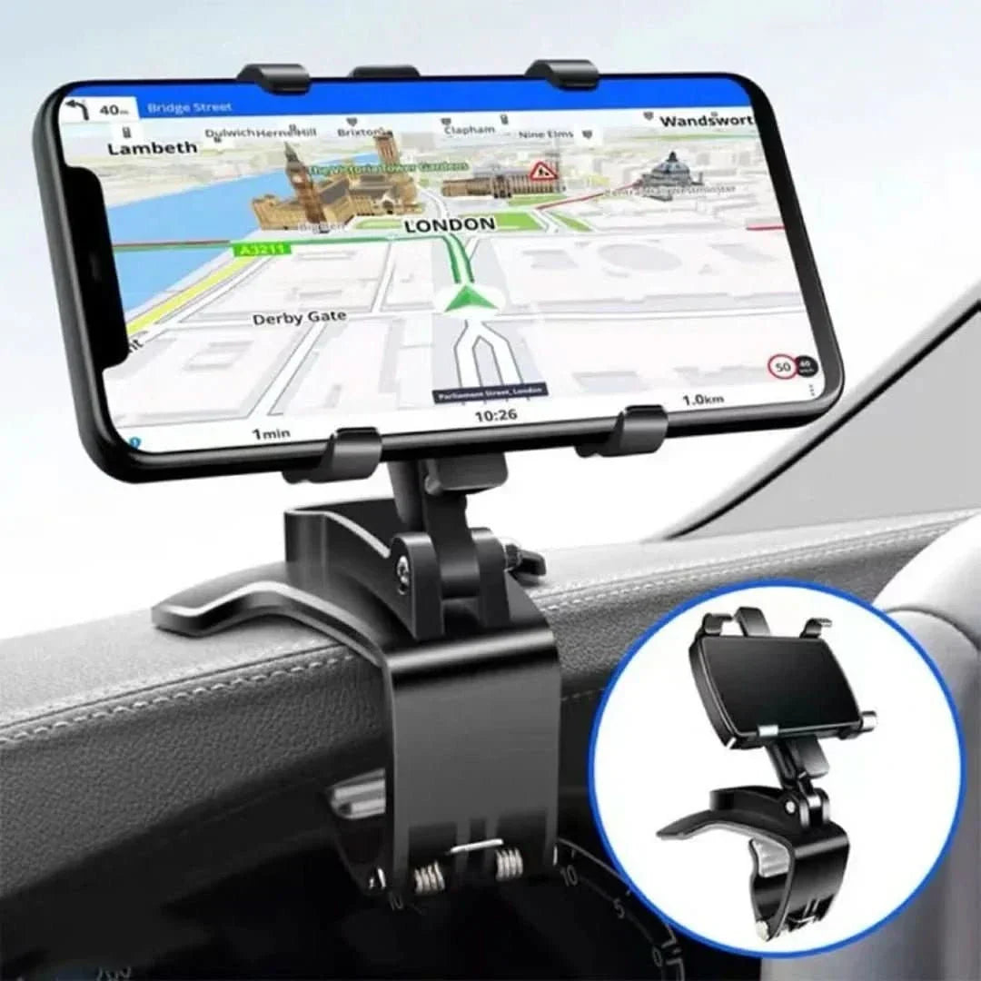 Schwarze, drehbare Dashboard-Telefonhalterung mit flexibler 360°-Funktion, bietet sicheren Halt für Smartphones im Auto.