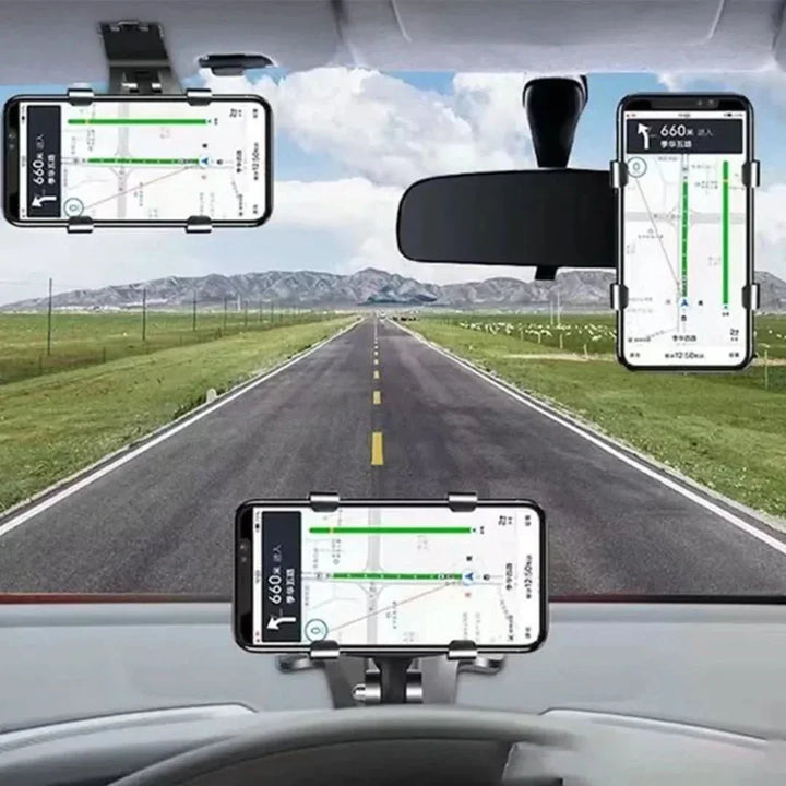Schwarze, drehbare Dashboard-Telefonhalterung mit flexibler 360°-Funktion, bietet sicheren Halt für Smartphones im Auto.