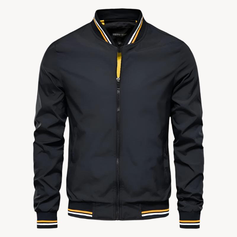 "Schwarze Herren Bomberjacke, stilvolles Design, zeitlose Eleganz, vielseitig für alle Jahreszeiten"