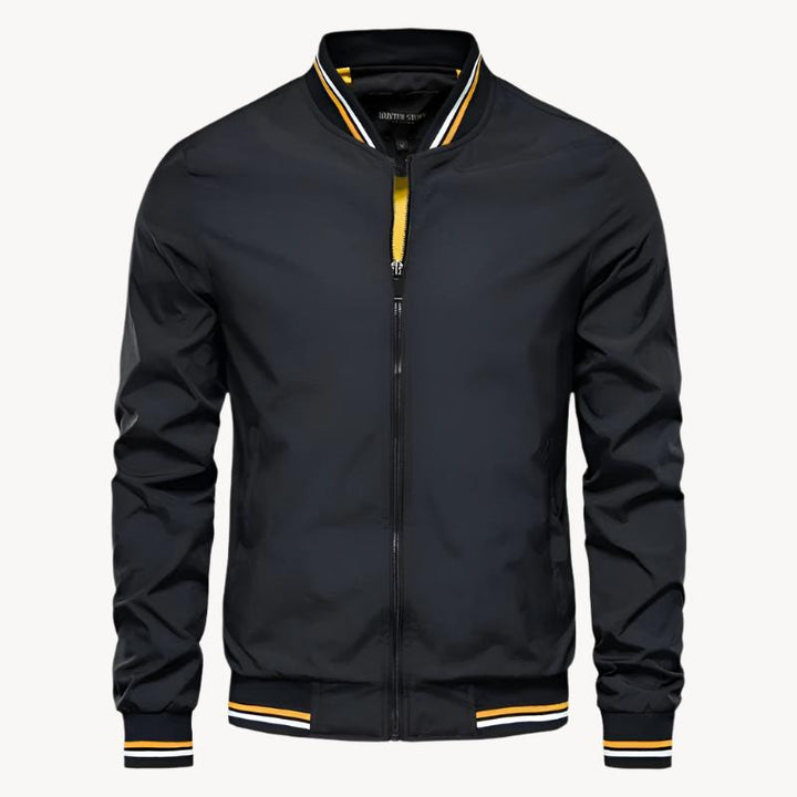 "Schwarze Herren Bomberjacke, stilvolles Design, zeitlose Eleganz, vielseitig für alle Jahreszeiten"