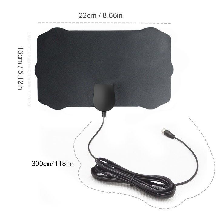 Schwarze Indoor HDTV Antenne mit schlankem Design, 4K Bildqualität, einfache Installation, passend für modernes Heimkino.