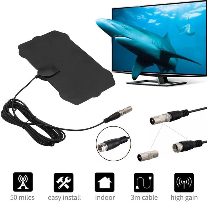 Schwarze Indoor HDTV Antenne mit schlankem Design, 4K Bildqualität, einfache Installation, passend für modernes Heimkino.